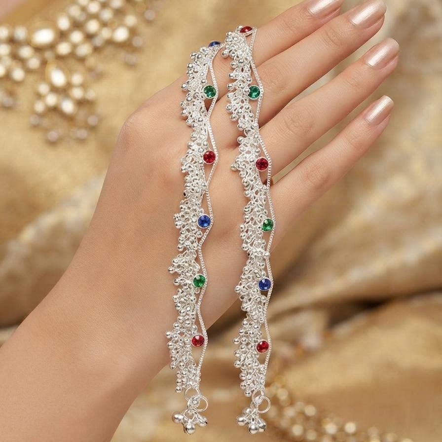 Sona Jewelers Silver Multi-Stone Payal Anklet Set - Traditional Indian Pakistani Bridal Ghungroo Anklets with Colorful Crystals(Replica)